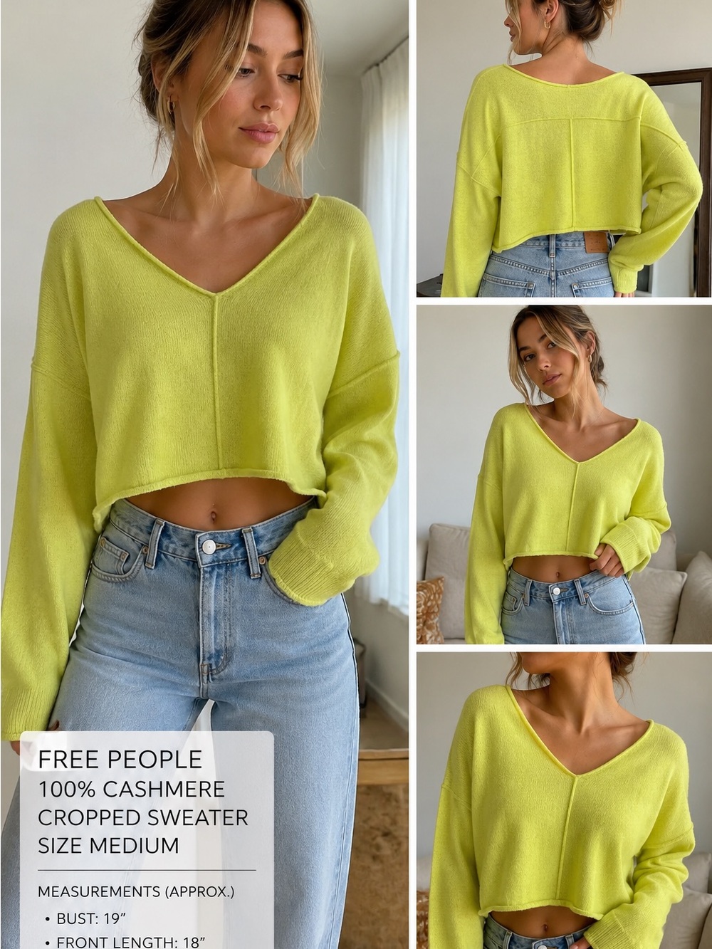Free People 100% Cashmere Cropped Sweater Neon Yellow Chartreuse Medium